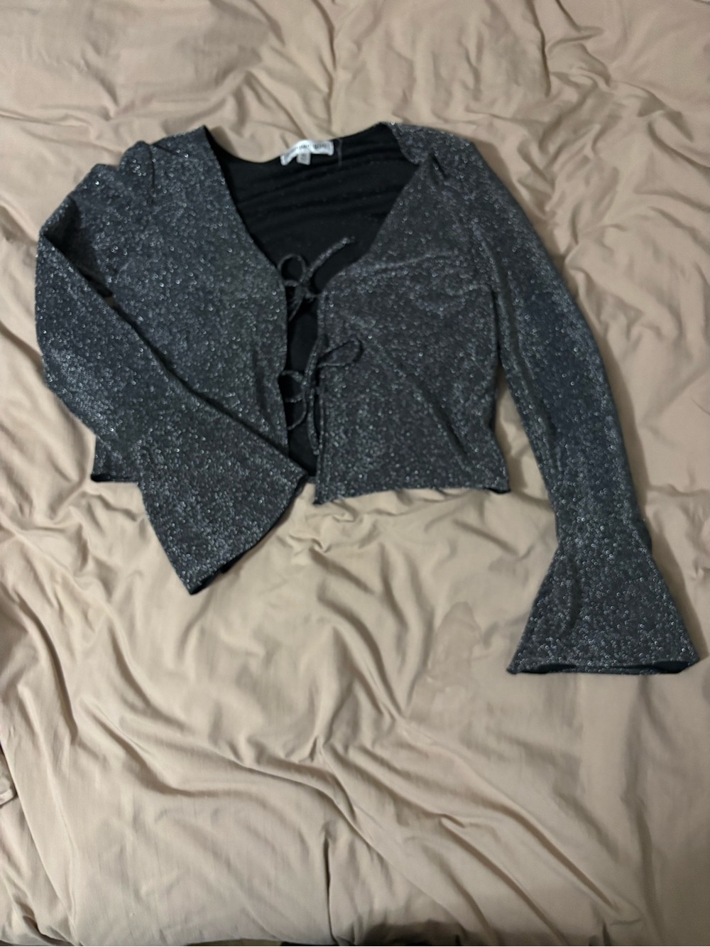 Madden Girl Black Sparkle Tie-Front V-Neck Cardigan